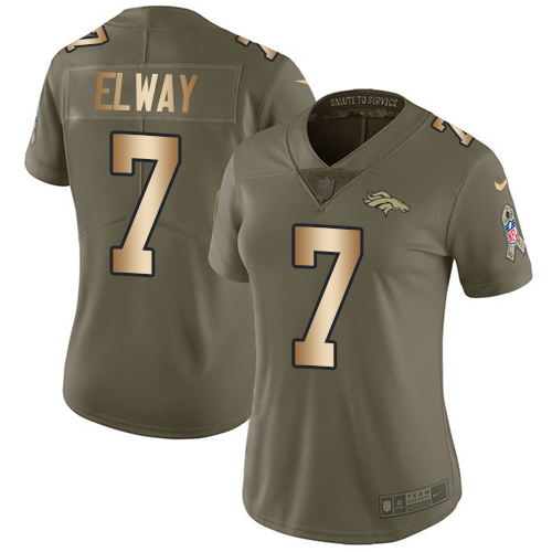 Nike Broncos #7 John Elway Olive/Gold Women's Stitched NFL Limited Salute to Service Jersey - Click Image to Close